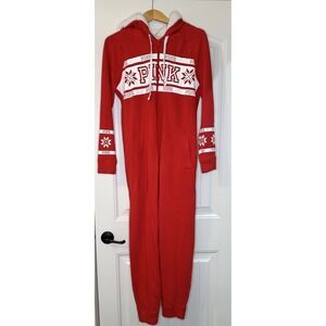 Victoria Secret PINK jumpsuit pajama SP‎ Hooded Sherpa Red Valentine